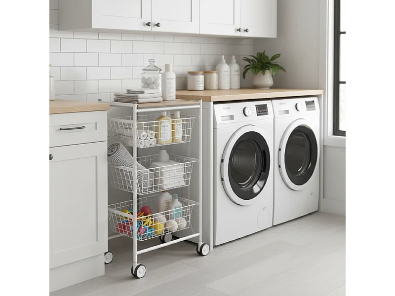 Carrello da cucina, 3 grandi cestini estraibili - Bianco-Faggio - 81*43,7*32,5 cm - AXO