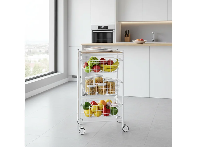Carrello da cucina, 3 grandi cestini estraibili - Bianco-Faggio - 81*43,7*32,5 cm - AXO