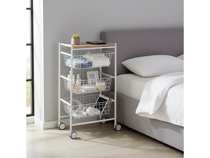 Carrello da cucina, 3 grandi cestini estraibili - Bianco-Faggio - 81*43,7*32,5 cm - AXO