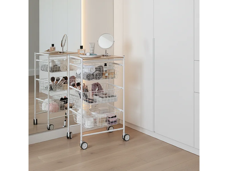 Carrello da cucina, 3 grandi cestini estraibili - Bianco-Faggio - 81*43,7*32,5 cm - AXO