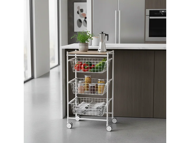 Desserte de cuisine, 3 grands paniers coulissants - Blanc-Hêtre - 81*43,7*32,5 cm – AXO