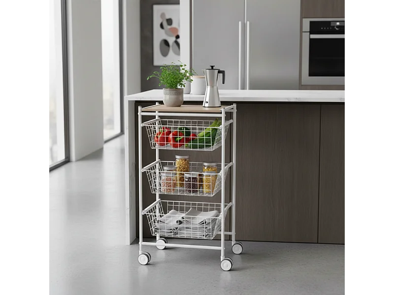 Carrello da cucina, 3 grandi cestini estraibili - Bianco-Faggio - 81*43,7*32,5 cm - AXO