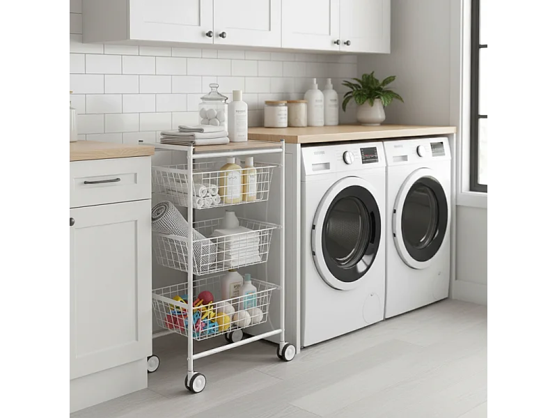 Carrello da cucina, 3 grandi cestini estraibili - Bianco-Faggio - 81*43,7*32,5 cm - AXO