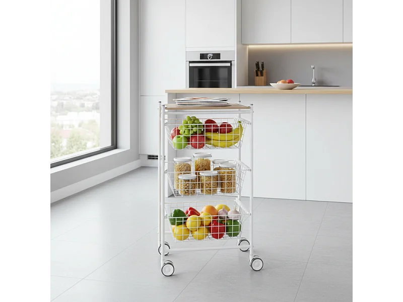 Carrello da cucina, 3 grandi cestini estraibili - Bianco-Faggio - 81*43,7*32,5 cm - AXO