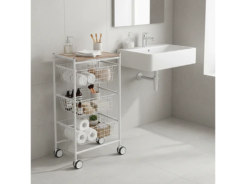 Carrello da cucina, 3 grandi cestini estraibili - Bianco-Faggio - 81*43,7*32,5 cm - AXO