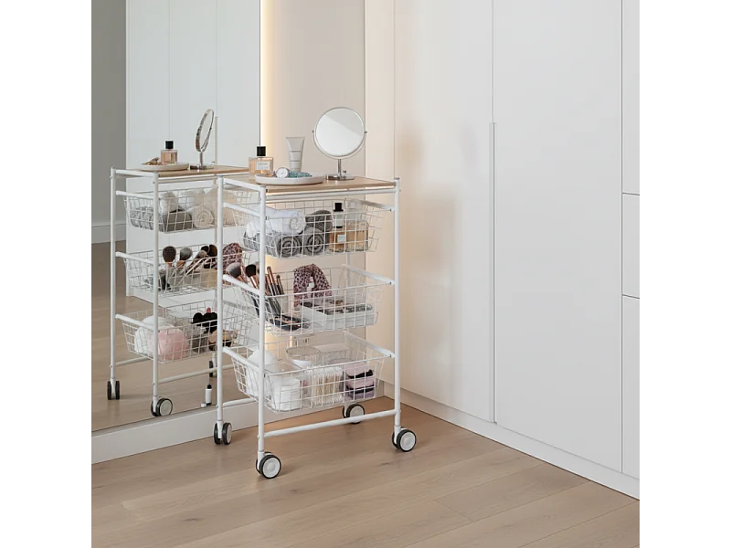 Carrello da cucina, 3 grandi cestini estraibili - Bianco-Faggio - 81*43,7*32,5 cm - AXO