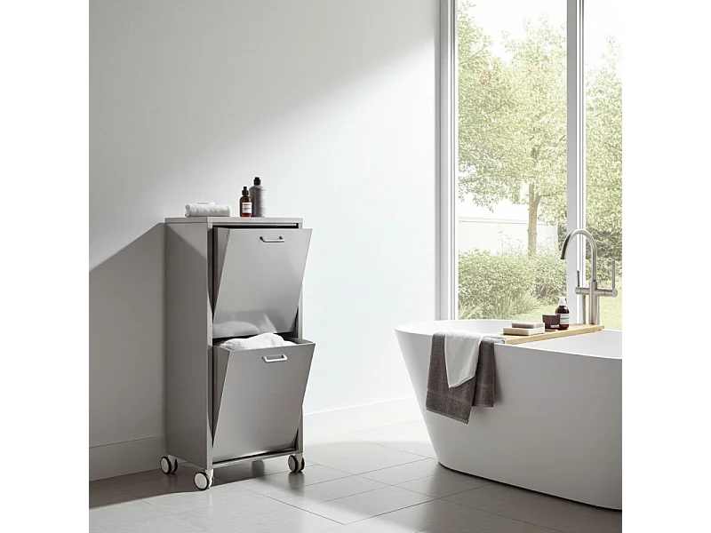 Panier à linge à roulettes, 2 compartiments - Inox - 96*40*27 cm - TANGO