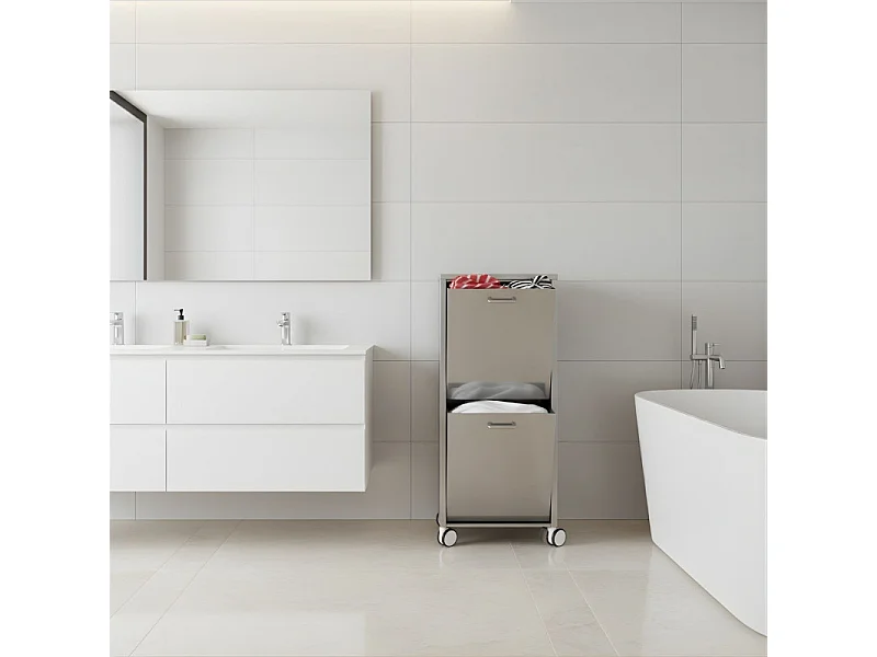 Cesto de ropa con ruedas, 2 compartimentos - Acero inoxidable - 96*40*27 cm - TANGO