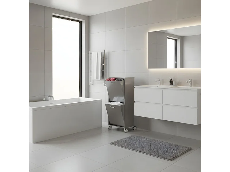 Cesto de ropa con ruedas, 2 compartimentos - Acero inoxidable - 96*40*27 cm - TANGO