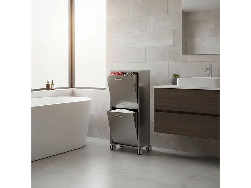 Cesto de ropa con ruedas, 2 compartimentos - Acero inoxidable - 96*40*27 cm - TANGO