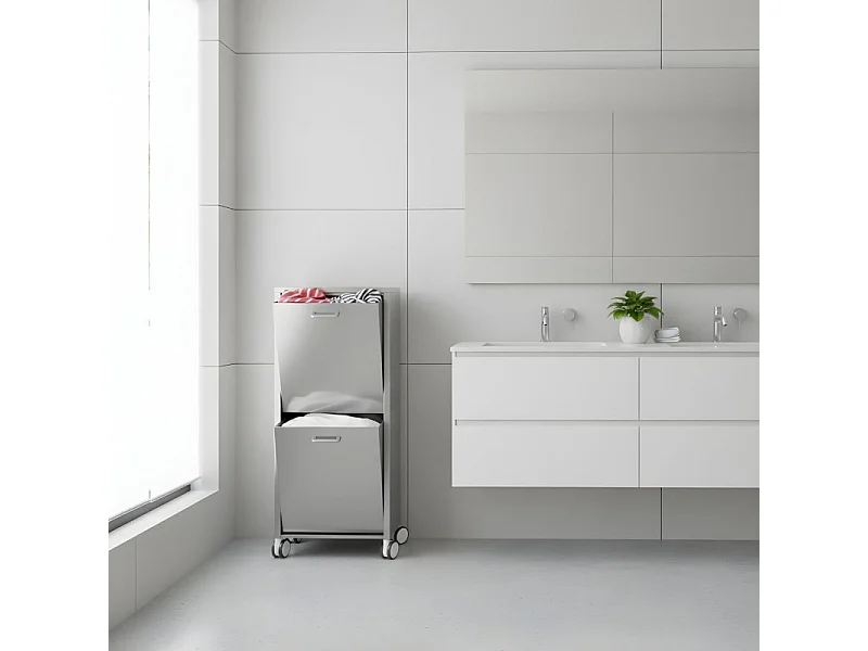 Cesto de ropa con ruedas, 2 compartimentos - Acero inoxidable - 96*40*27 cm - TANGO