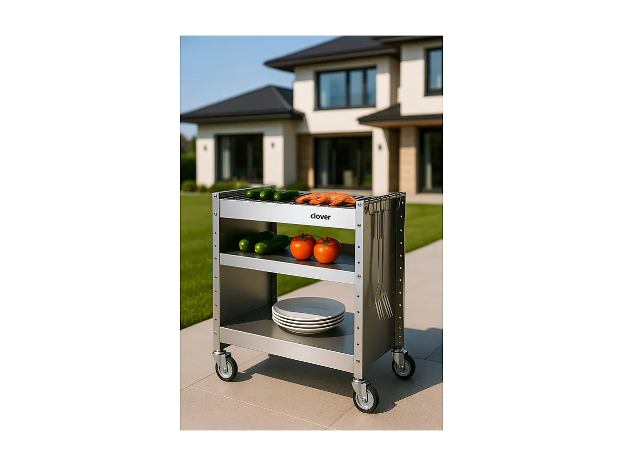 DON HIERRO - Barbacoa de carbón con ruedas CLOVER – Acero inoxidable 18/10, estantes regulables, 59 × 40,5 × 82 cm-