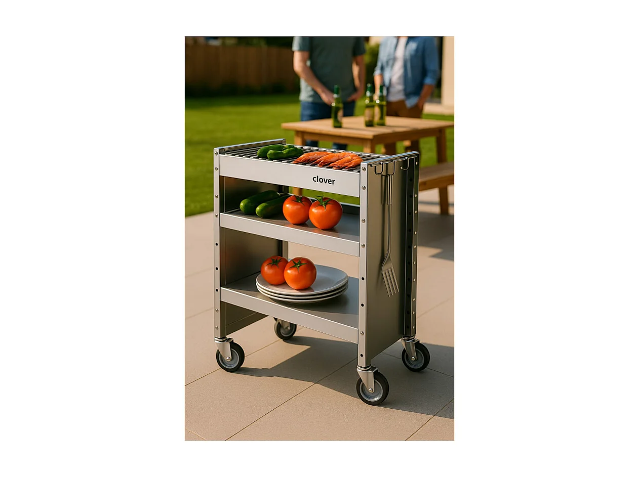 Holzkohlegrill mit Rädern, Struktur und Grillrost aus Edelstahl, 59 x 40,50 x 82 cm. CLOVER
