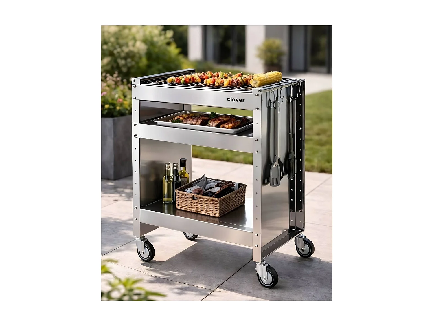 Barbecue a carbone con ruote, Struttura e Griglia in Acciaio Inox, 59 x 40,50 x 82 cm. CLOVER