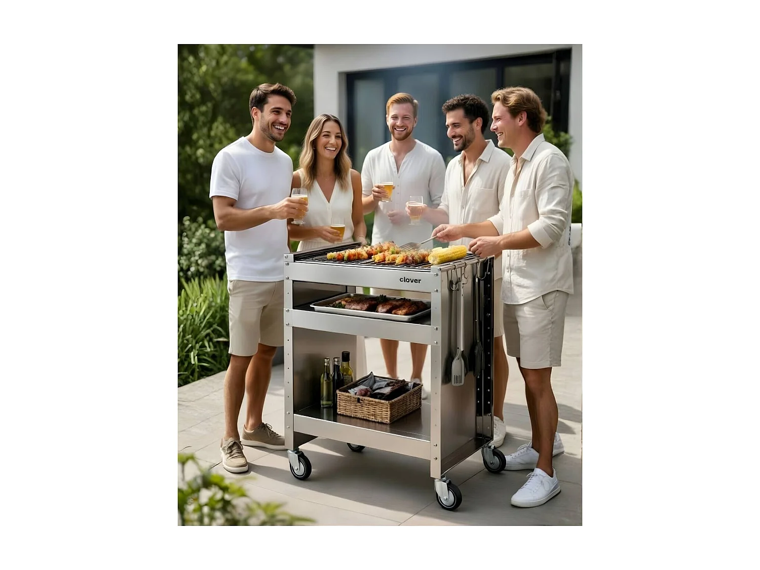 Barbecue a carbone con ruote, Struttura e Griglia in Acciaio Inox, 59 x 40,50 x 82 cm. CLOVER