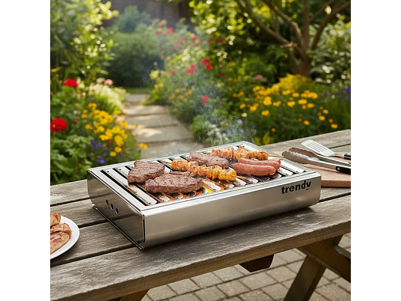 Holzkohle Tischgrill aus Edelstahl – Tragbarer Grill 44 x 29,5 x 12 cm - TRENDY