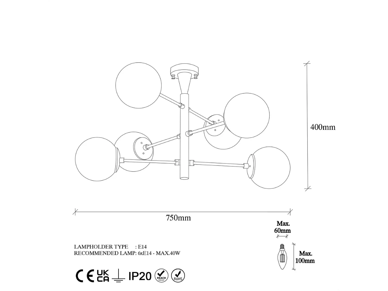 Plafonnier vintage doré - 6 lampes ÉLÉONORE