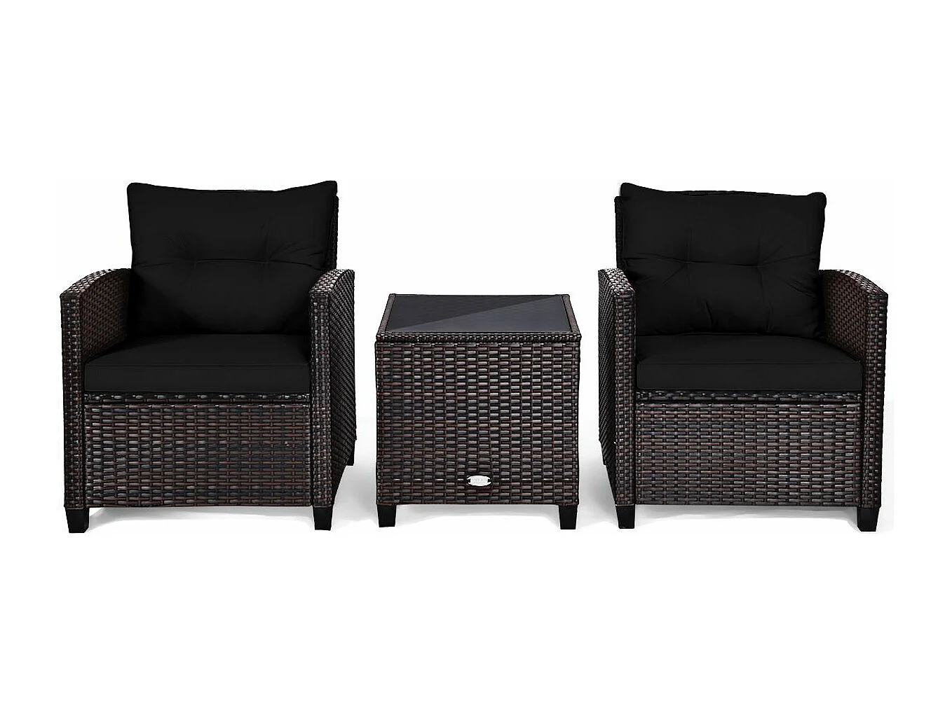 Salon de Jardin en Rotin et fibre naturelle - 3 Pièces - Charge 180KG - 2 Fauteuils et Table Basse avec Plateau en Verre Trempé – Noir