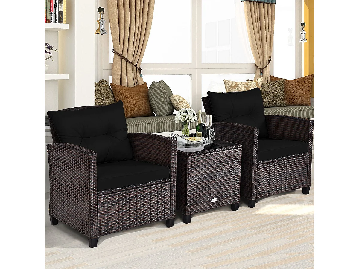 Salon de Jardin en Rotin et fibre naturelle - 3 Pièces - Charge 180KG - 2 Fauteuils et Table Basse avec Plateau en Verre Trempé – Noir