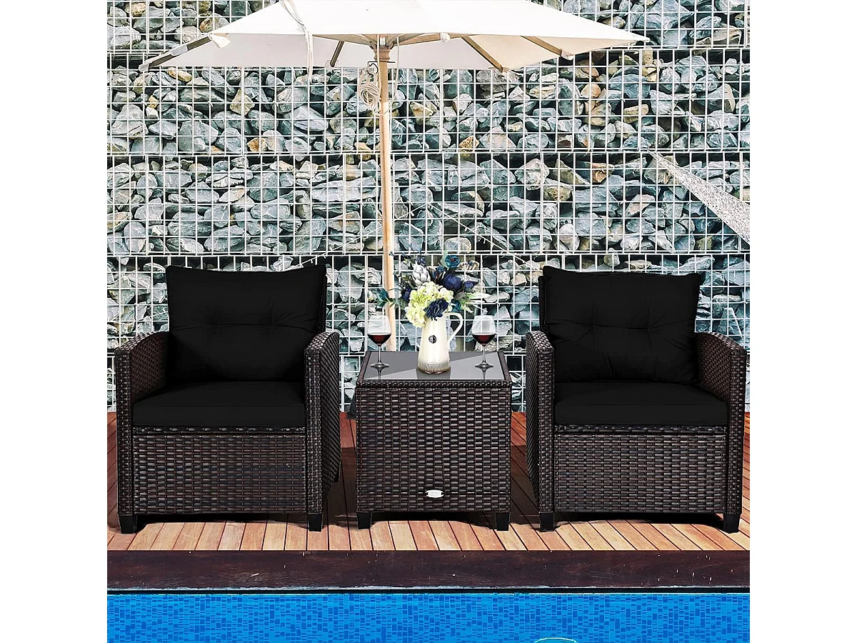 Salon de Jardin en Rotin et fibre naturelle - 3 Pièces - Charge 180KG - 2 Fauteuils et Table Basse avec Plateau en Verre Trempé – Noir