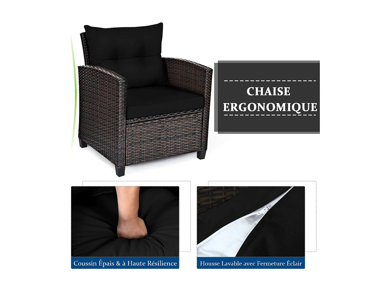 Salon de Jardin en Rotin et fibre naturelle - 3 Pièces - Charge 180KG - 2 Fauteuils et Table Basse avec Plateau en Verre Trempé – Noir