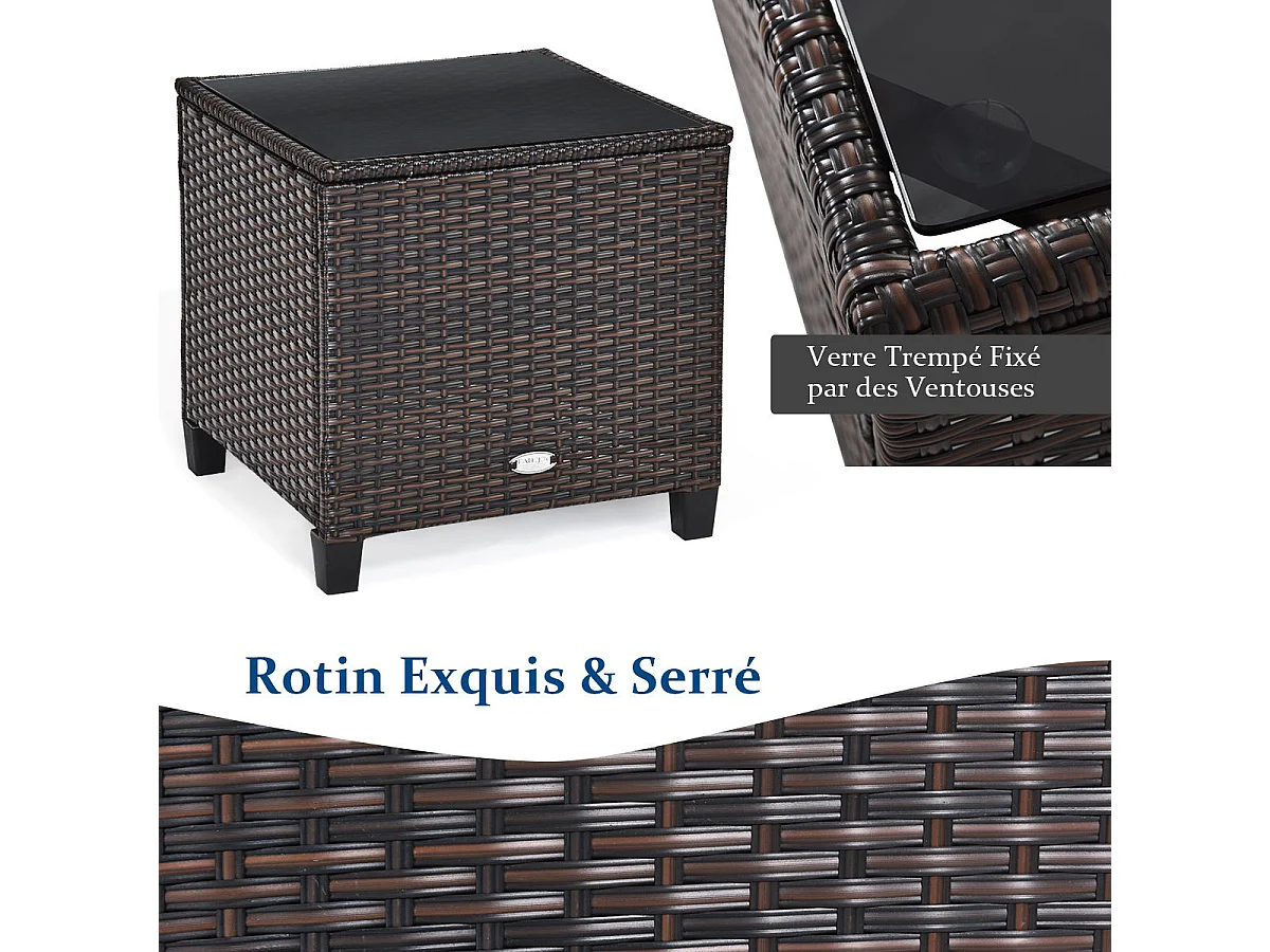 Salon de Jardin en Rotin et fibre naturelle - 3 Pièces - Charge 180KG - 2 Fauteuils et Table Basse avec Plateau en Verre Trempé – Noir