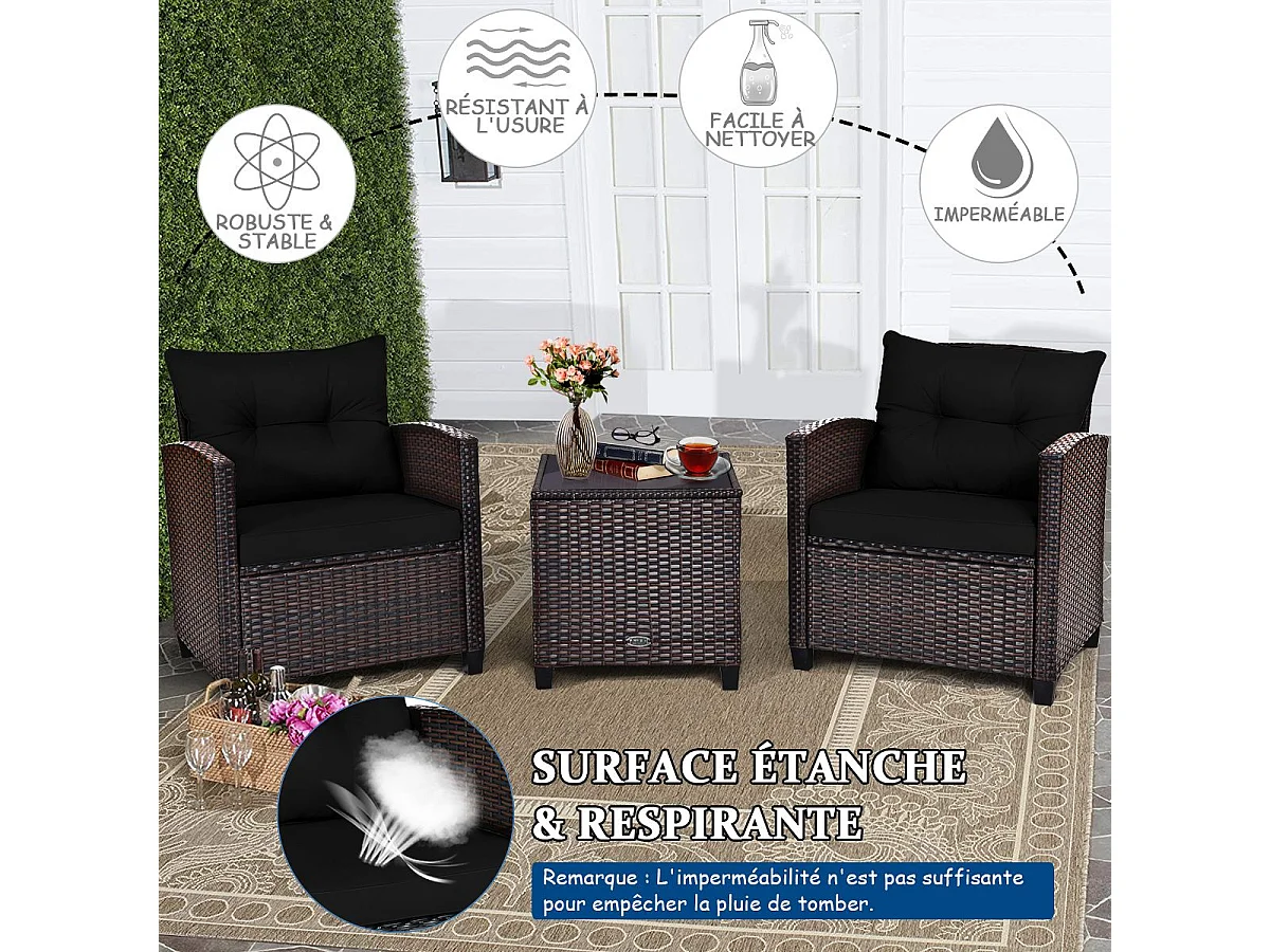 Salon de Jardin en Rotin et fibre naturelle - 3 Pièces - Charge 180KG - 2 Fauteuils et Table Basse avec Plateau en Verre Trempé – Noir