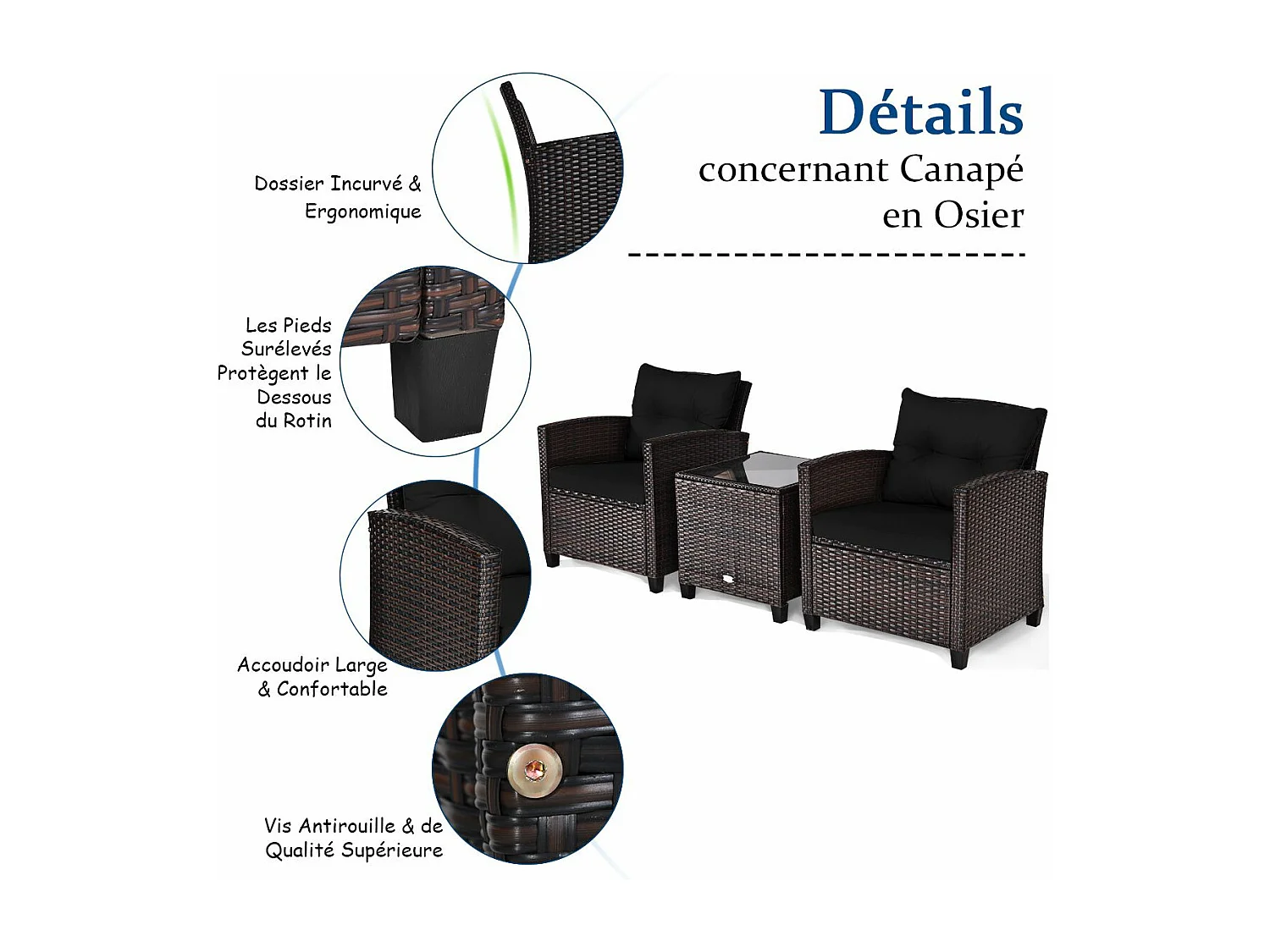 Salon de Jardin en Rotin et fibre naturelle - 3 Pièces - Charge 180KG - 2 Fauteuils et Table Basse avec Plateau en Verre Trempé – Noir