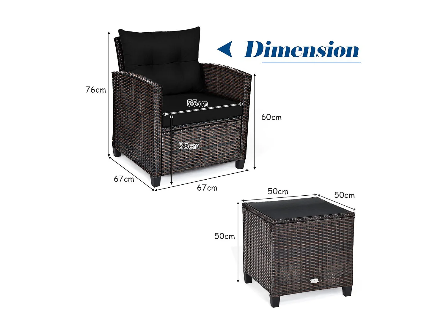 Salon de Jardin en Rotin et fibre naturelle - 3 Pièces - Charge 180KG - 2 Fauteuils et Table Basse avec Plateau en Verre Trempé – Noir