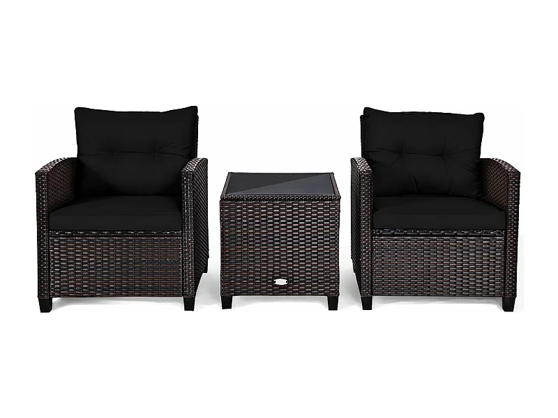 Salon de Jardin en Rotin et fibre naturelle - 3 Pièces - Charge 180KG - 2 Fauteuils et Table Basse avec Plateau en Verre Trempé – Noir
