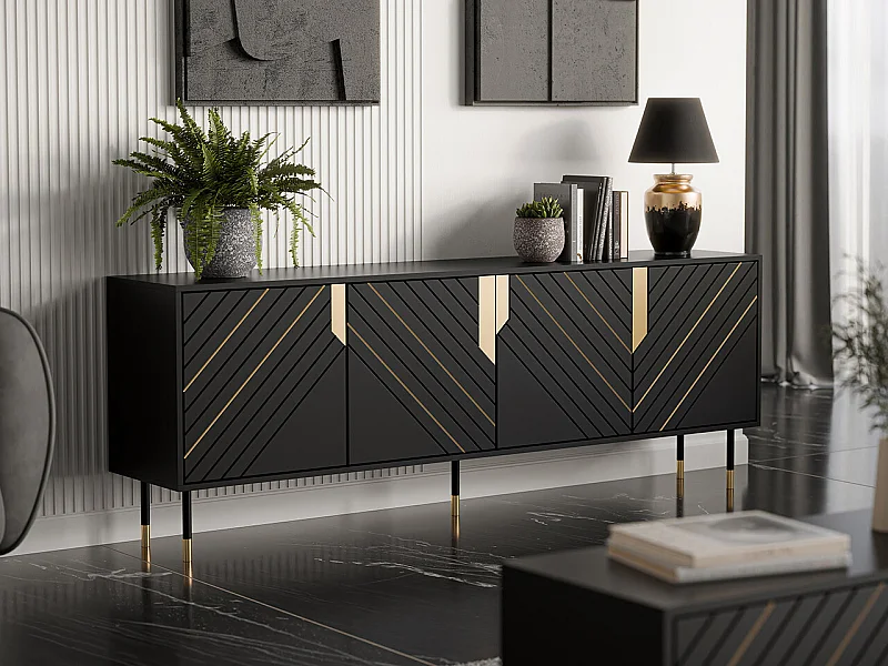Buffet Elmteo 101, Doré|Noir, 72x204x40cm, MDF|Stratifié