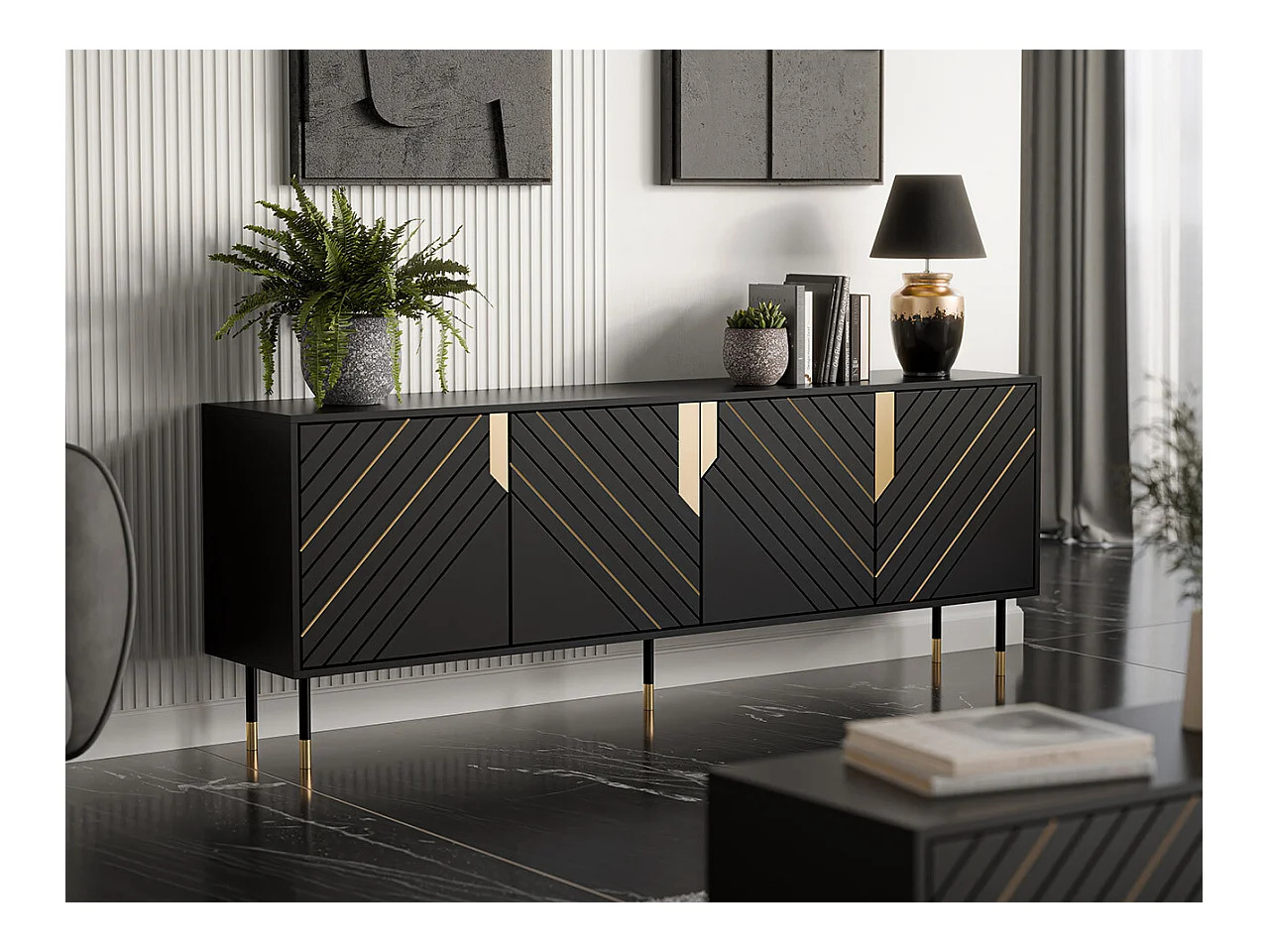 Buffet Elmteo 101, Doré|Noir, 72x204x40cm, MDF|Stratifié