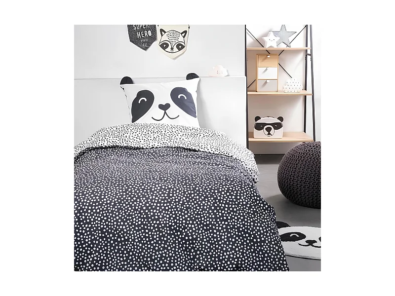 Parure de lit 1 personne, 100% coton, Funny2.8 - Panda Blanc et noir, Today