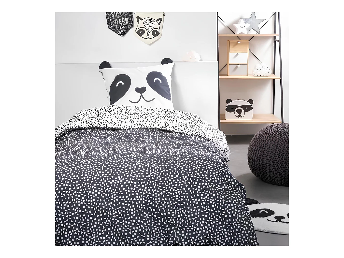 Parure de lit 1 personne, 100% coton, Funny2.8 - Panda Blanc et noir, Today