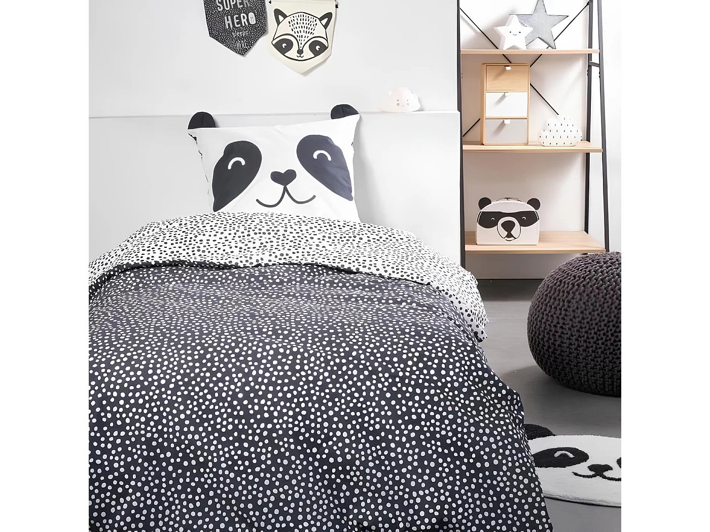 Parure de lit 1 personne, 100% coton, Funny2.8 - Panda Blanc et noir, Today