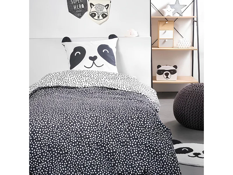 Parure de lit 1 personne, 100% coton, Funny2.8 - Panda Blanc et noir, Today