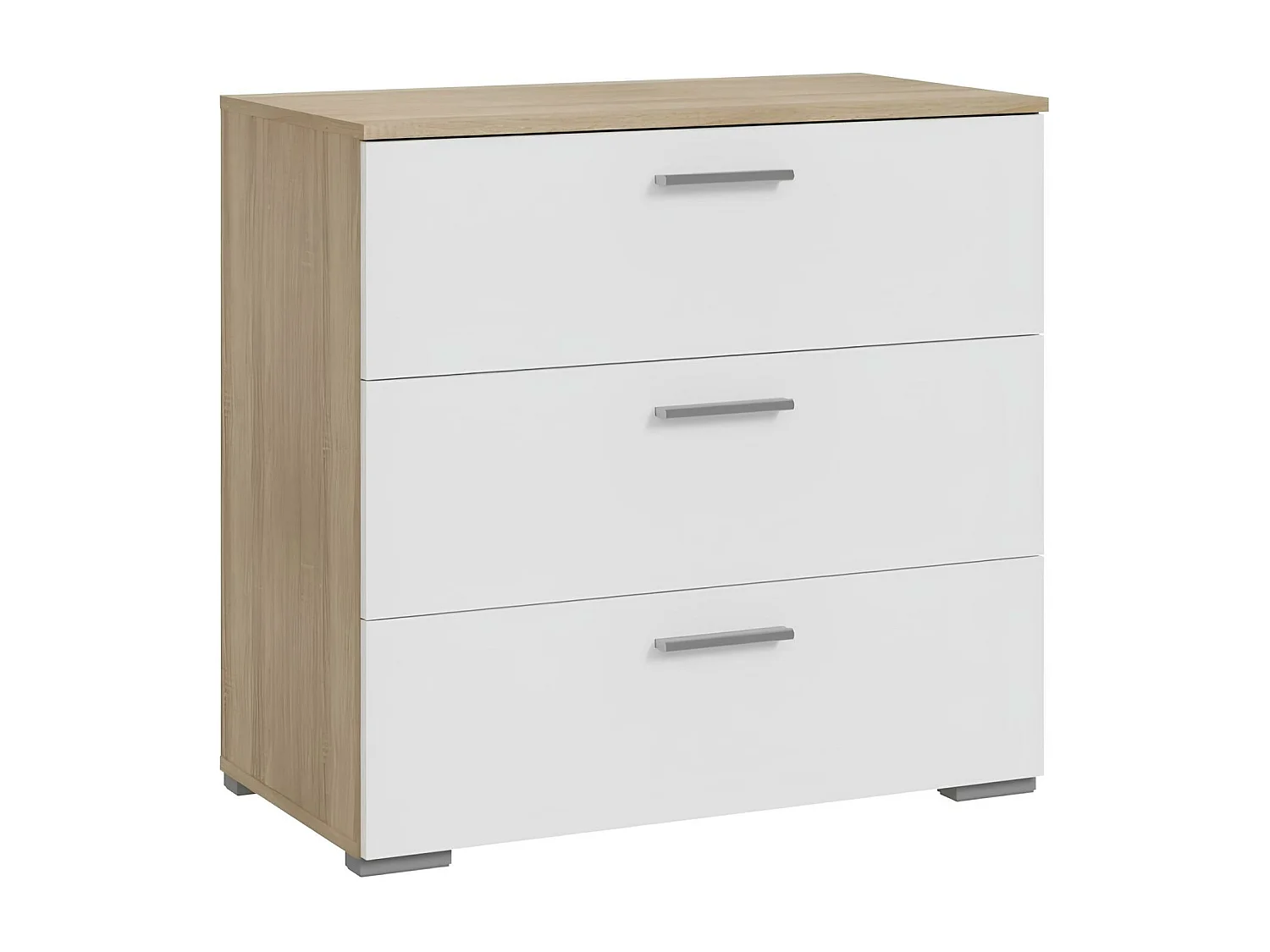 Cómoda BASJANA - 3 cajones - roble sonoma y blanco mate - 80,2 x 41,3 x 75,8 cm