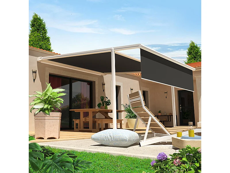 Pergola toile rétractable motorisée PYRITE 4 x 4 m - Armature blanc - Toile acrylique gris foncé + LED