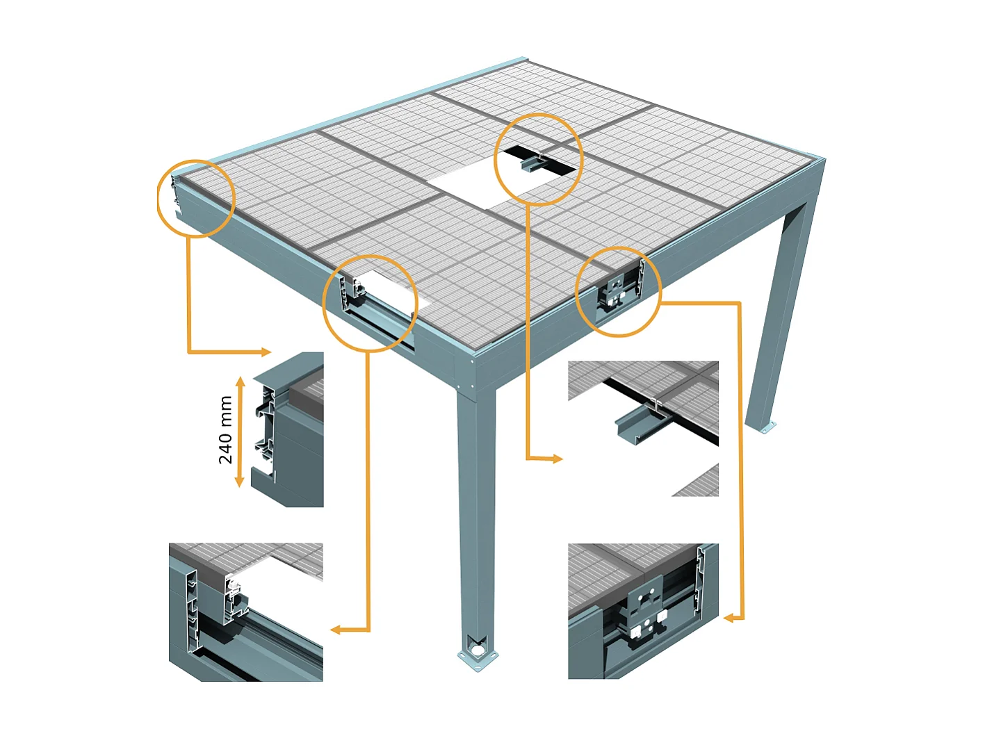 Pergola solaire photovoltaïque HELIOLITE 4,642x3,999m 8 panneaux (Gris anthracite RAL 7016)
