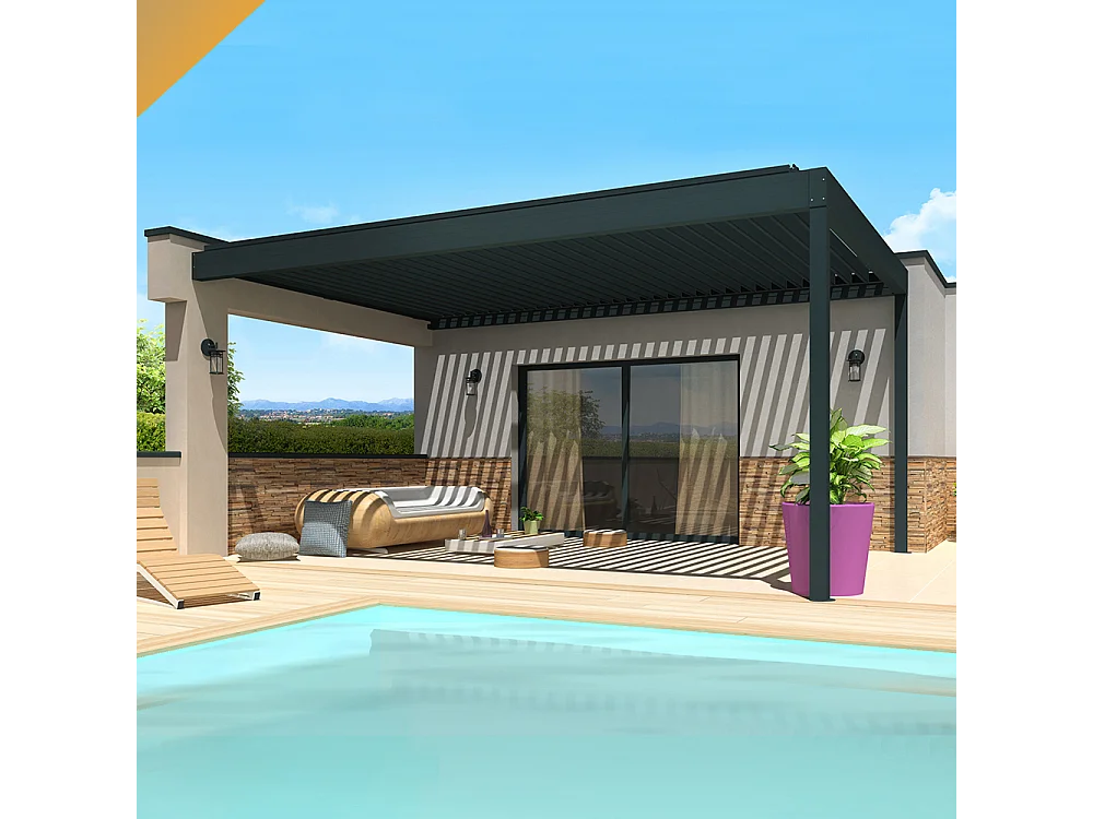 Pergola bioclimatique SPINELLE 4,50x6,037 m Double vérin à Télécommande - Gris