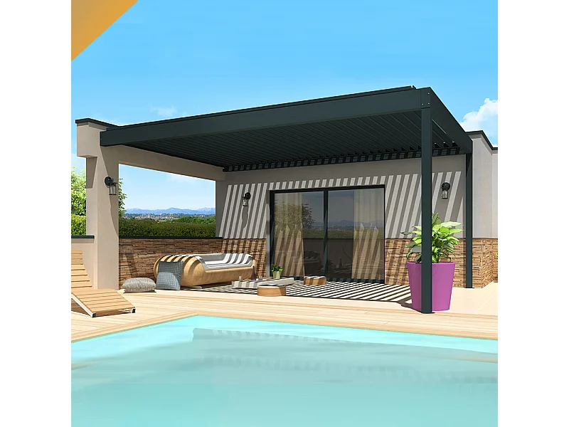 Pergola bioclimatique SPINELLE 4,50x6,037 m Double vérin à Télécommande - Gris
