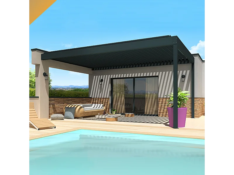 Pergola bioclimatique SPINELLE 4,50x4,987 m Double vérin à Télécommande - Gris