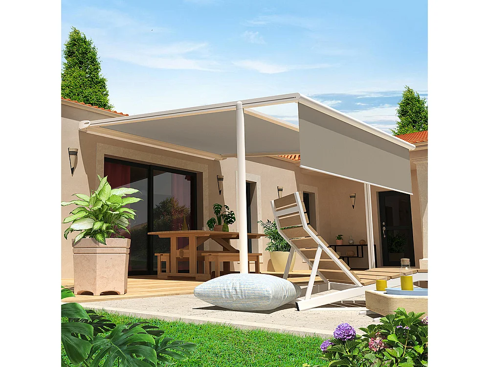 Pergola toile rétractable motorisée PYRITE 4 x 3 m - Armature blanc - Toile acrylique taupe + LED