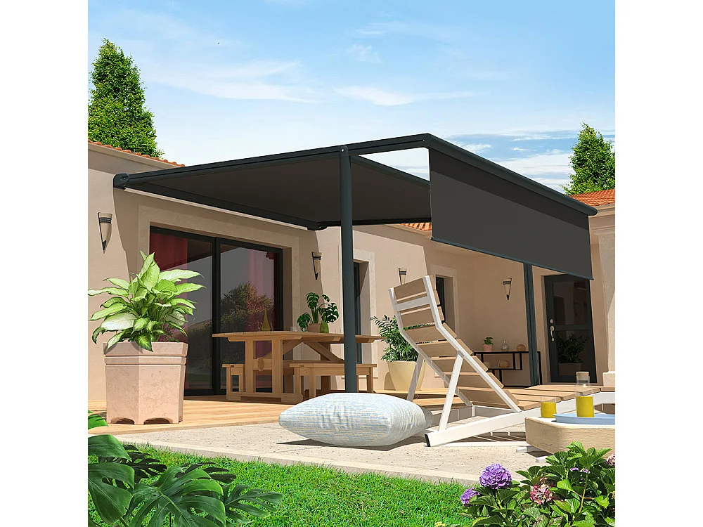 Pergola tela retrattile PYRITE 4,00x3,00 m Motorizzato + Emergenza + LED - Grigio - Grigio