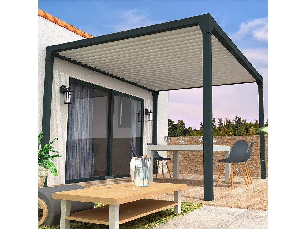 Pergola bioclimatique autoportée BERYL 3,50x4,00 m Vérin à Télécommande - Mixte