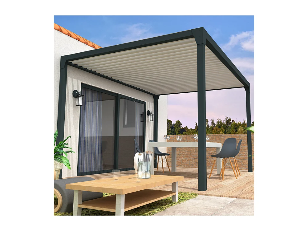 Pergola bioclimatique autoportée BERYL 3,50x4,00 m Vérin à Télécommande - Mixte