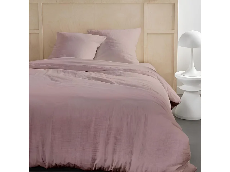 Parure de lit 2 personnes gaze de coton unie 260x240 cm, Coloris Rose des Sables, Today