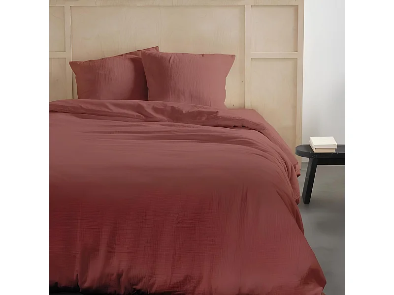Parure de lit 2 personnes en gaze de coton uni, 260x240 cm, coloris terracotta, Today