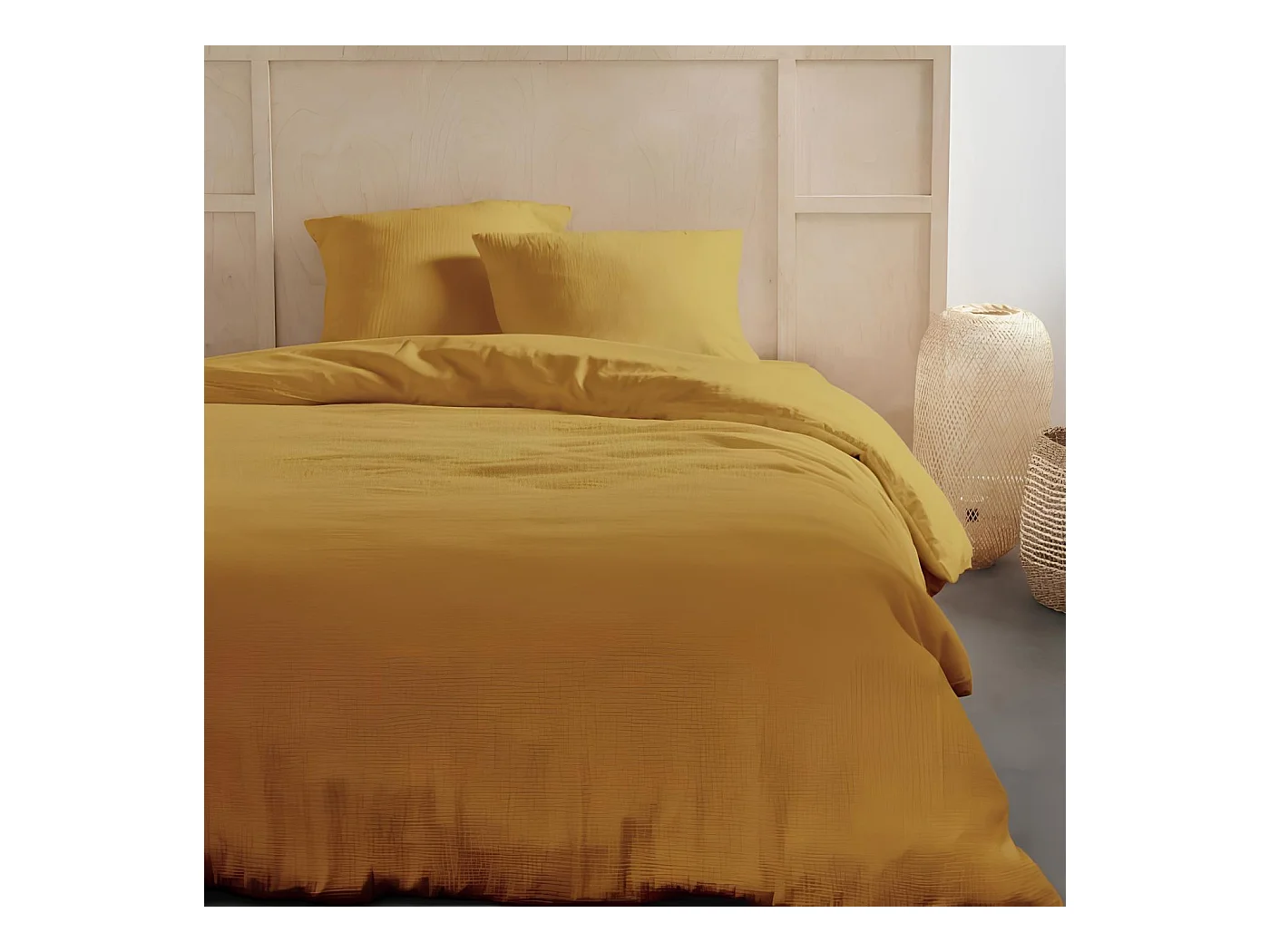 Parure de lit 2 personnes gaze de coton unie 240x220 cm, Coloris Ocre, Today