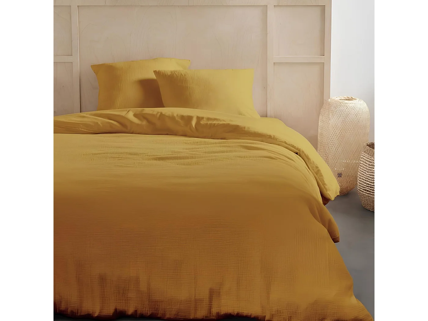 Parure de lit 2 personnes gaze de coton unie 240x220 cm, Coloris Ocre, Today